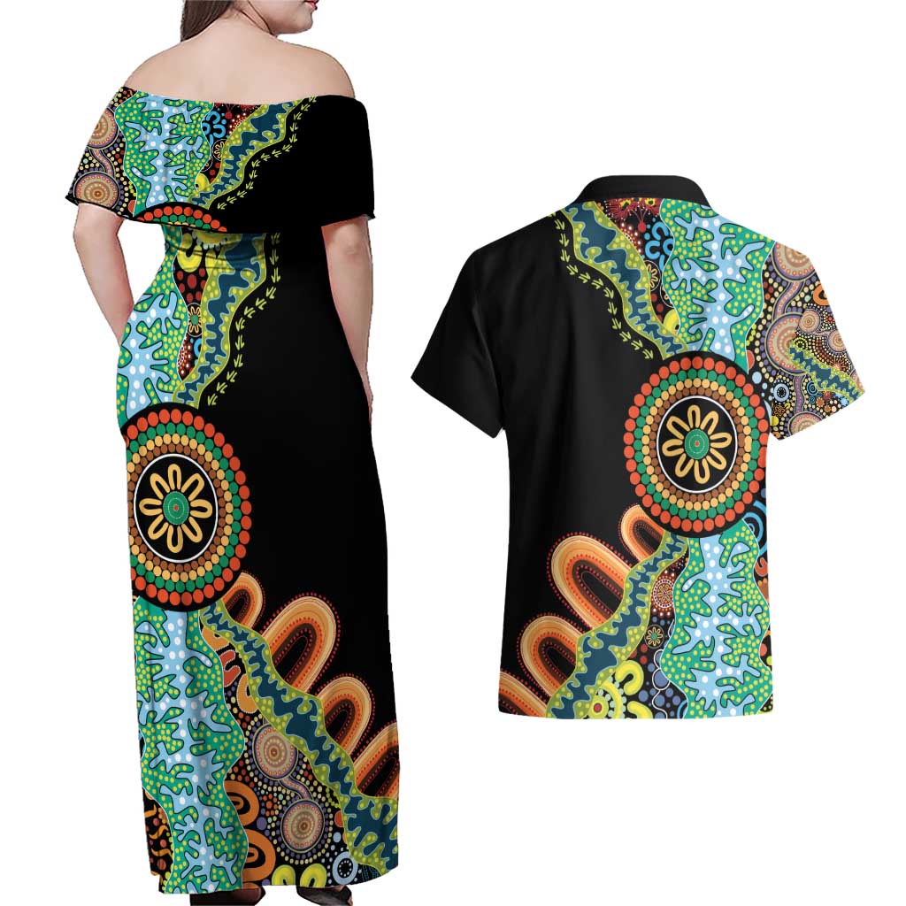 50 Years Of NAIDOC Couples Matching Off Shoulder Maxi Dress and Hawaiian Shirt Strong and Proud Aboriginal Dot Painting No3