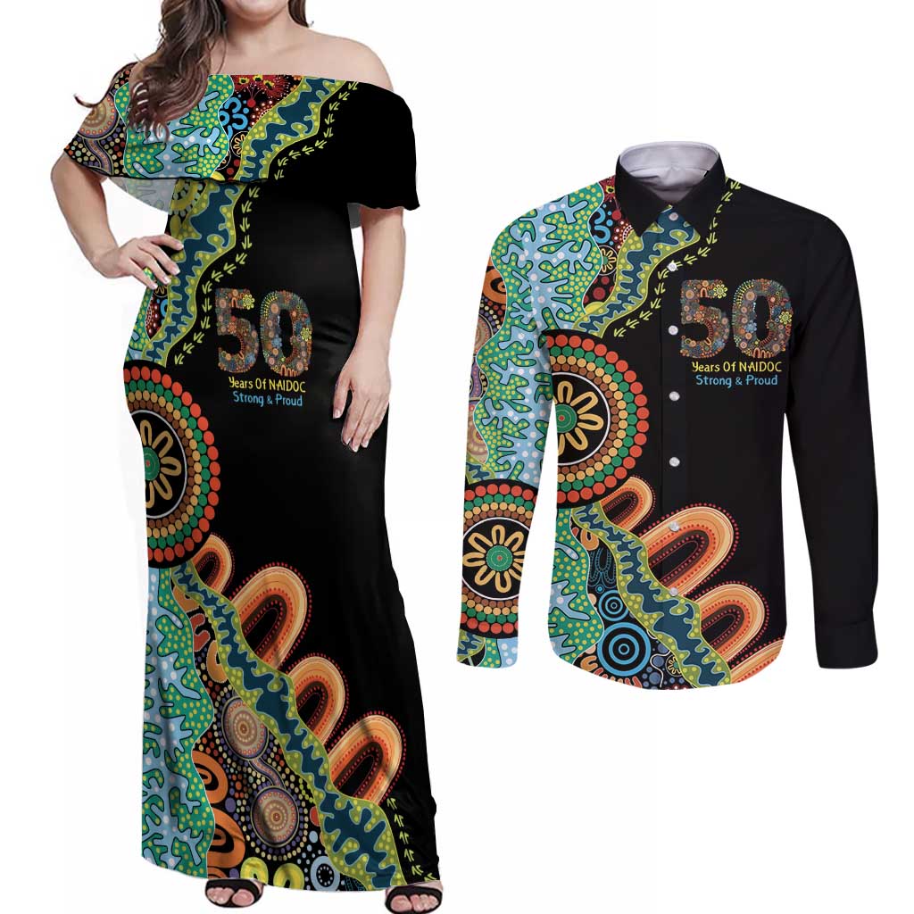 50 Years Of NAIDOC Couples Matching Off Shoulder Maxi Dress and Long Sleeve Button Shirt Strong and Proud Aboriginal Dot Painting No3
