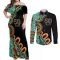 50 Years Of NAIDOC Couples Matching Off Shoulder Maxi Dress and Long Sleeve Button Shirt Strong and Proud Aboriginal Dot Painting No3