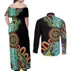 50 Years Of NAIDOC Couples Matching Off Shoulder Maxi Dress and Long Sleeve Button Shirt Strong and Proud Aboriginal Dot Painting No3