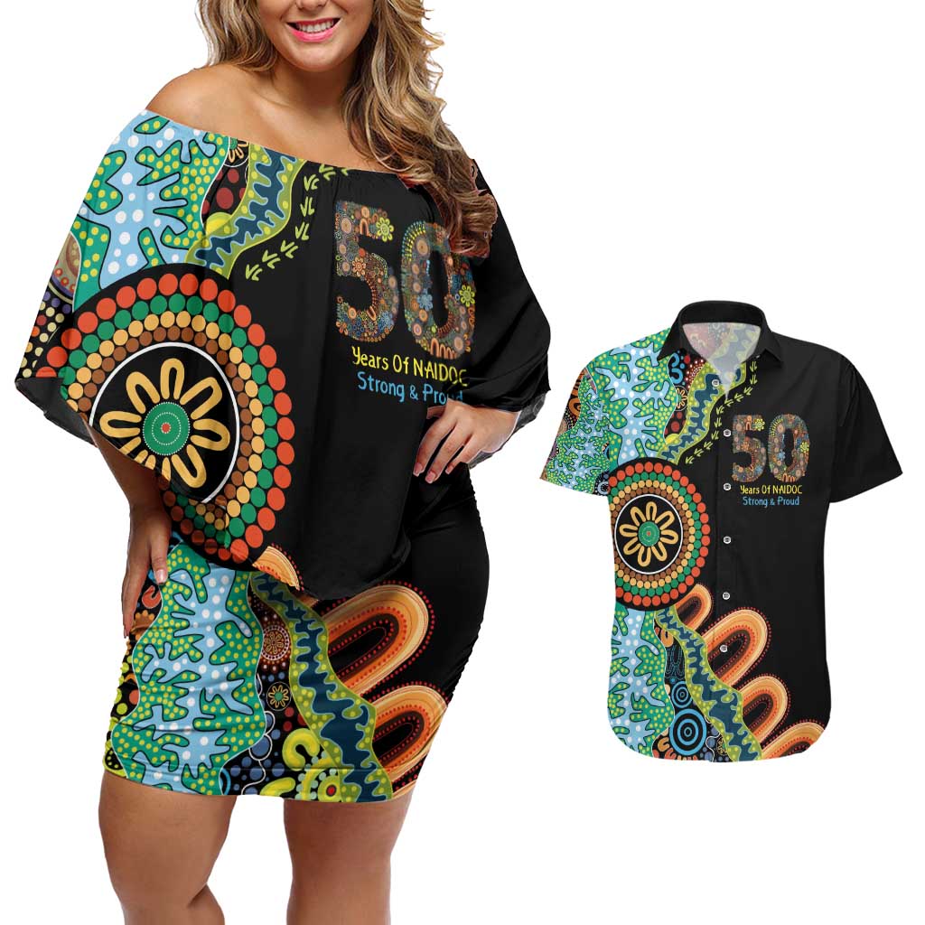 50 Years Of NAIDOC Couples Matching Off Shoulder Short Dress and Hawaiian Shirt Strong and Proud Aboriginal Dot Painting No3