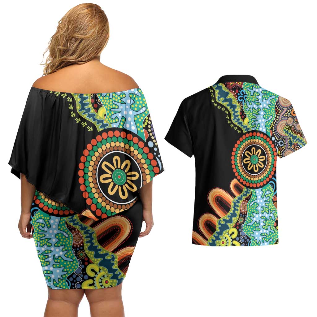 50 Years Of NAIDOC Couples Matching Off Shoulder Short Dress and Hawaiian Shirt Strong and Proud Aboriginal Dot Painting No3