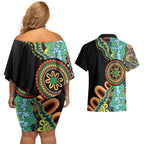 50 Years Of NAIDOC Couples Matching Off Shoulder Short Dress and Hawaiian Shirt Strong and Proud Aboriginal Dot Painting No3