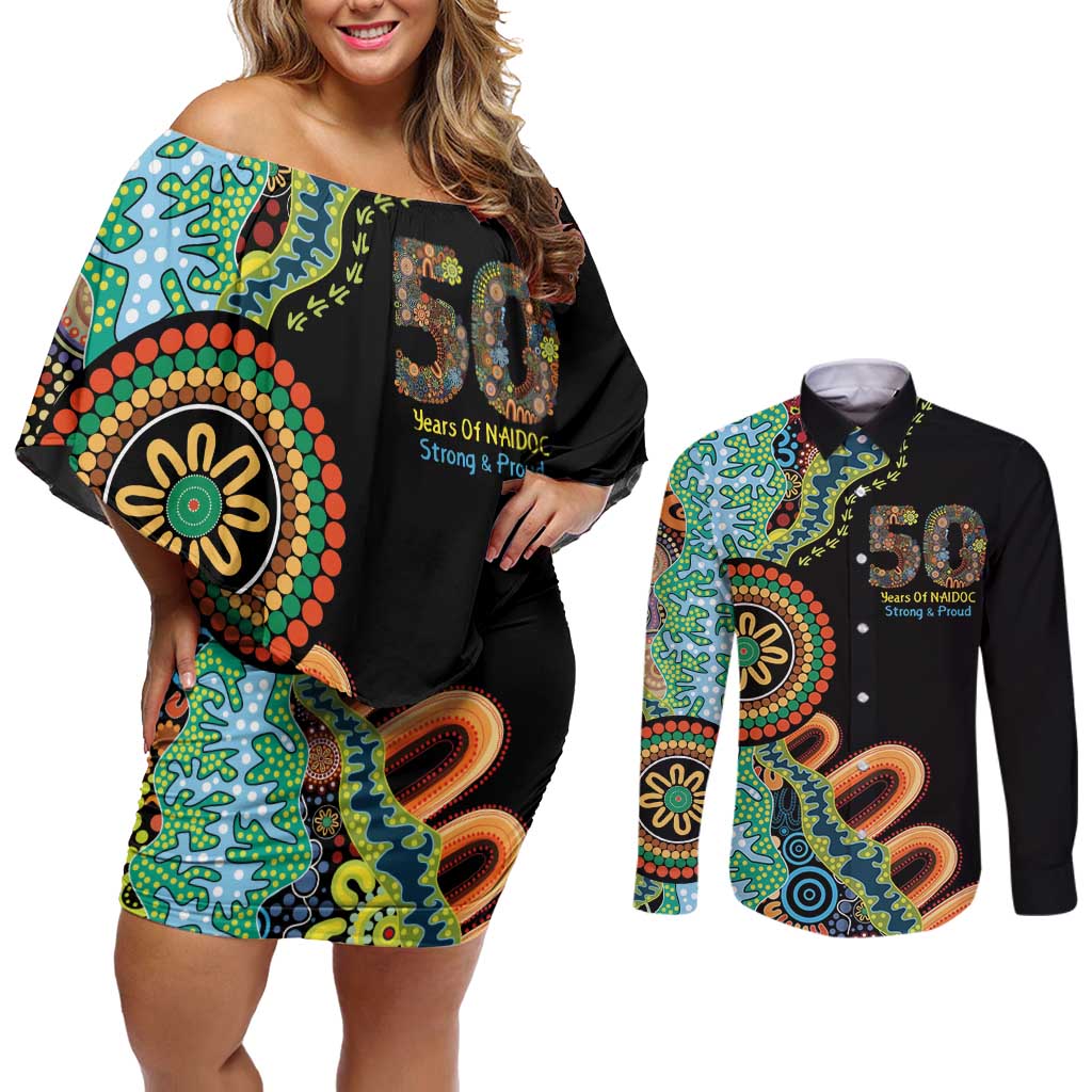 50 Years Of NAIDOC Couples Matching Off Shoulder Short Dress and Long Sleeve Button Shirt Strong and Proud Aboriginal Dot Painting No3