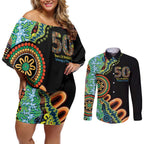 50 Years Of NAIDOC Couples Matching Off Shoulder Short Dress and Long Sleeve Button Shirt Strong and Proud Aboriginal Dot Painting No3