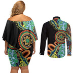50 Years Of NAIDOC Couples Matching Off Shoulder Short Dress and Long Sleeve Button Shirt Strong and Proud Aboriginal Dot Painting No3