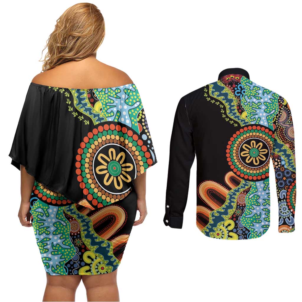 50 Years Of NAIDOC Couples Matching Off Shoulder Short Dress and Long Sleeve Button Shirt Strong and Proud Aboriginal Dot Painting No3