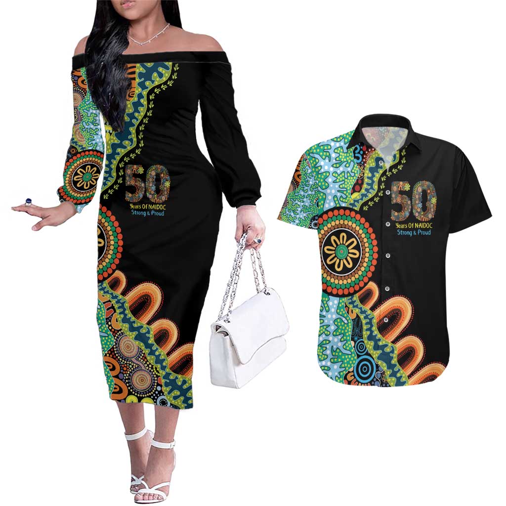 50 Years Of NAIDOC Couples Matching Off The Shoulder Long Sleeve Dress and Hawaiian Shirt Strong and Proud Aboriginal Dot Painting No3