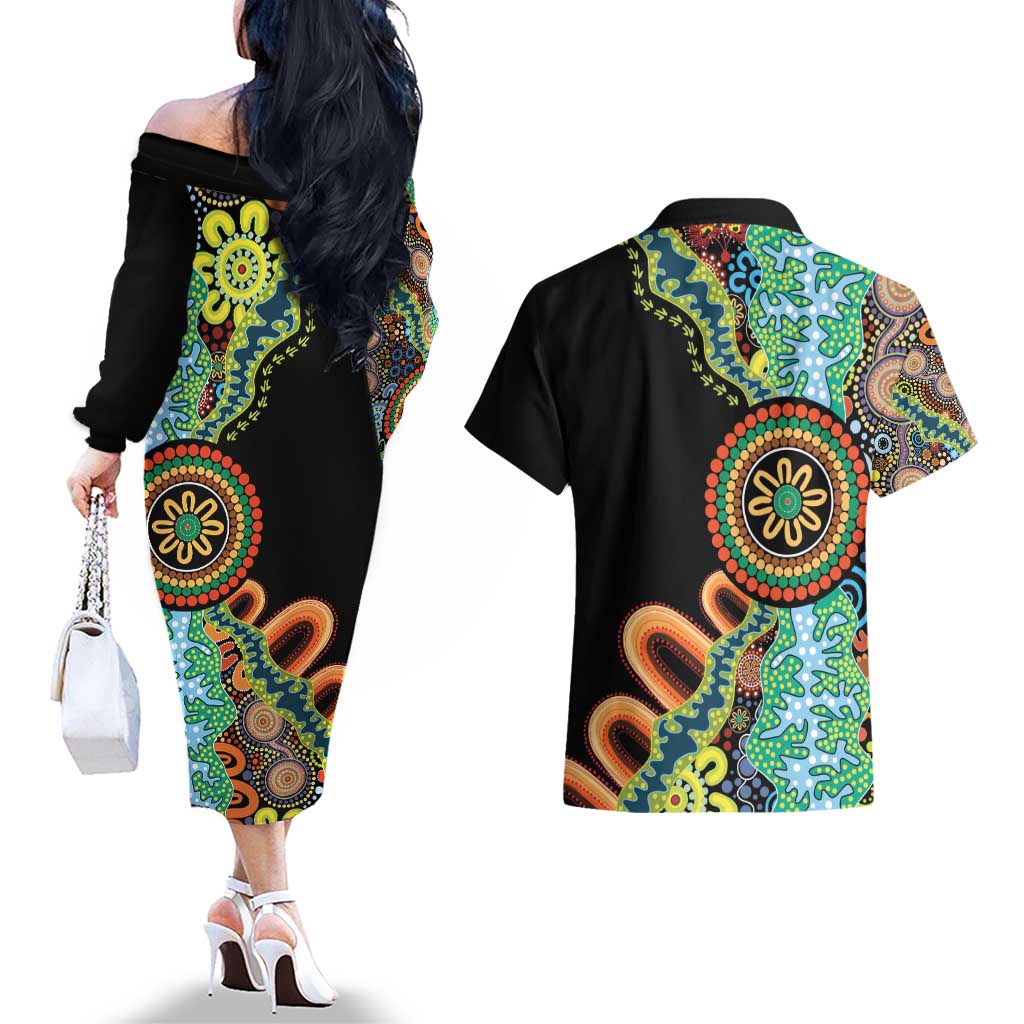 50 Years Of NAIDOC Couples Matching Off The Shoulder Long Sleeve Dress and Hawaiian Shirt Strong and Proud Aboriginal Dot Painting No3