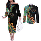 50 Years Of NAIDOC Couples Matching Off The Shoulder Long Sleeve Dress and Long Sleeve Button Shirt Strong and Proud Aboriginal Dot Painting No3