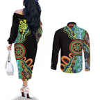 50 Years Of NAIDOC Couples Matching Off The Shoulder Long Sleeve Dress and Long Sleeve Button Shirt Strong and Proud Aboriginal Dot Painting No3