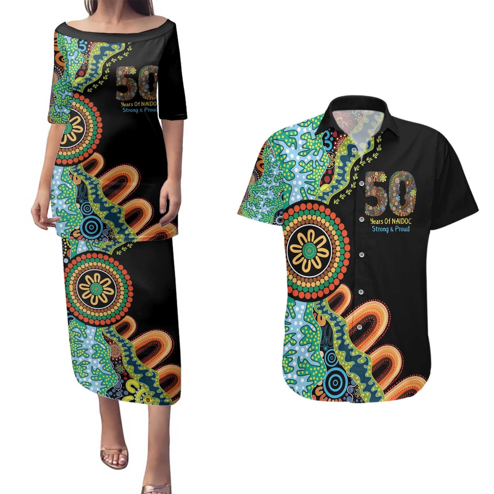 50 Years Of NAIDOC Couples Matching Puletasi and Hawaiian Shirt Strong and Proud Aboriginal Dot Painting No3