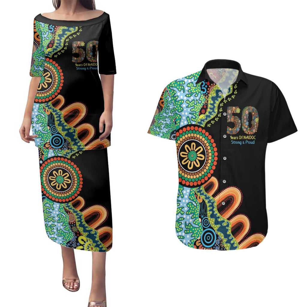50 Years Of NAIDOC Couples Matching Puletasi and Hawaiian Shirt Strong and Proud Aboriginal Dot Painting No3