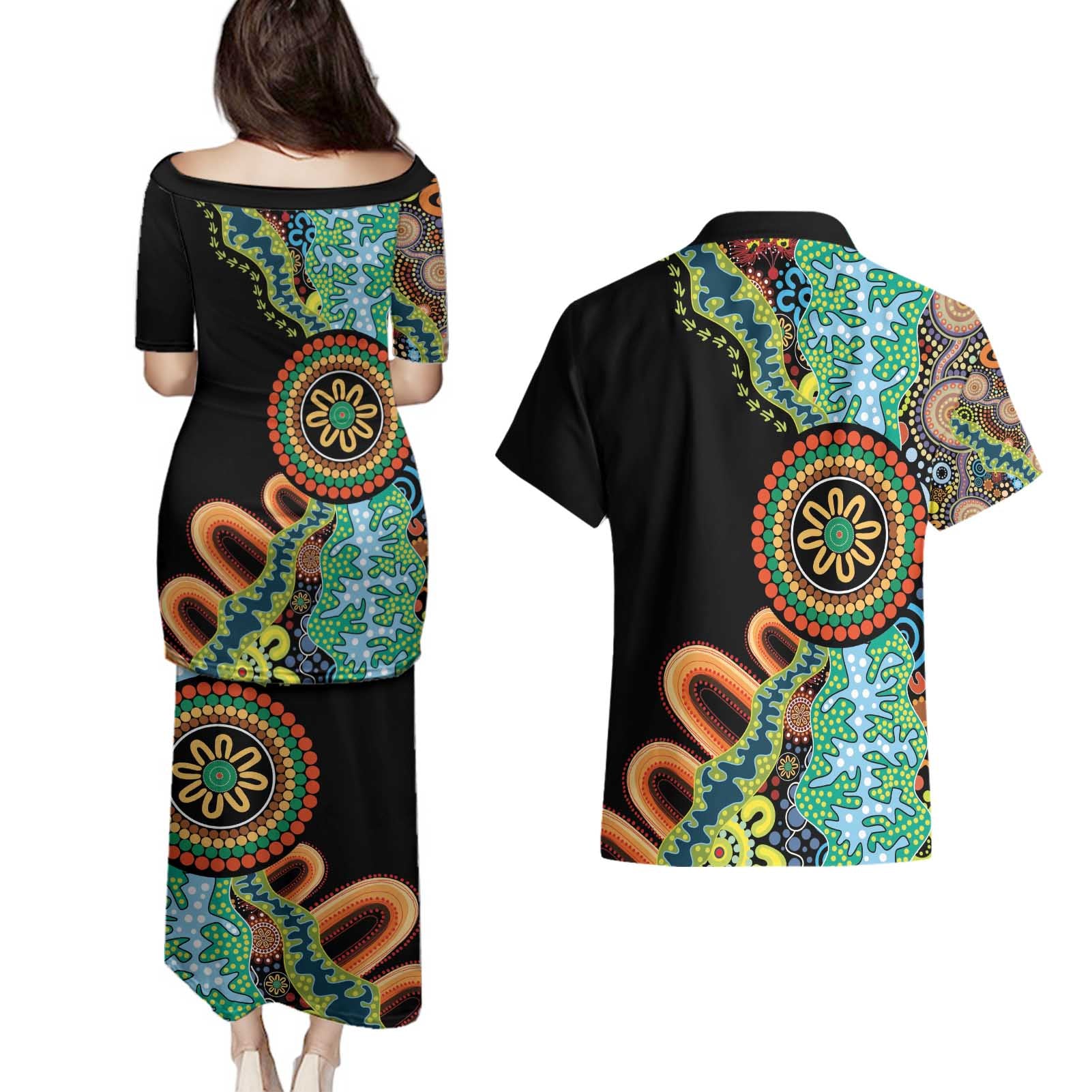 50 Years Of NAIDOC Couples Matching Puletasi and Hawaiian Shirt Strong and Proud Aboriginal Dot Painting No3