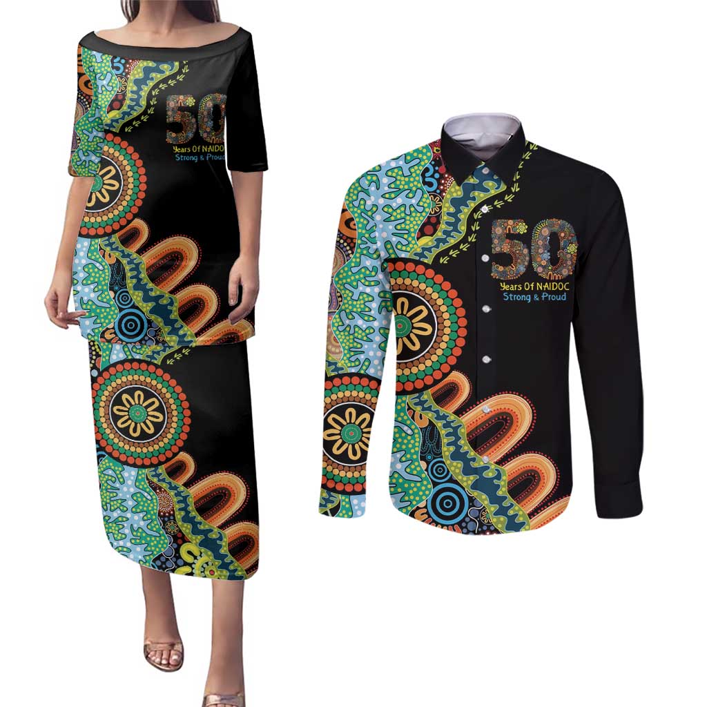 50 Years Of NAIDOC Couples Matching Puletasi and Long Sleeve Button Shirt Strong and Proud Aboriginal Dot Painting No3