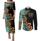 50 Years Of NAIDOC Couples Matching Puletasi and Long Sleeve Button Shirt Strong and Proud Aboriginal Dot Painting No3