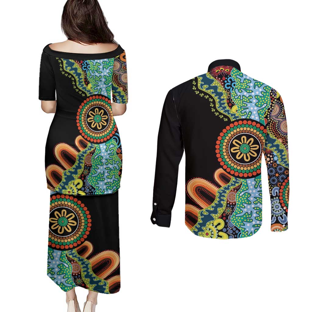 50 Years Of NAIDOC Couples Matching Puletasi and Long Sleeve Button Shirt Strong and Proud Aboriginal Dot Painting No3