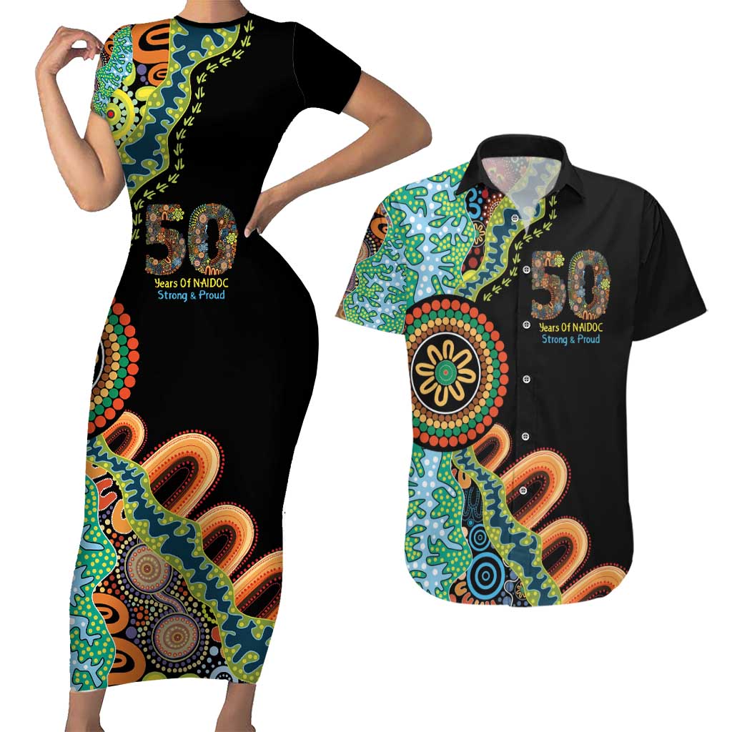 50 Years Of NAIDOC Couples Matching Short Sleeve Bodycon Dress and Hawaiian Shirt Strong and Proud Aboriginal Dot Painting No3
