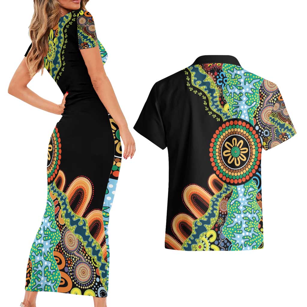 50 Years Of NAIDOC Couples Matching Short Sleeve Bodycon Dress and Hawaiian Shirt Strong and Proud Aboriginal Dot Painting No3