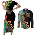 50 Years Of NAIDOC Couples Matching Short Sleeve Bodycon Dress and Long Sleeve Button Shirt Strong and Proud Aboriginal Dot Painting No3