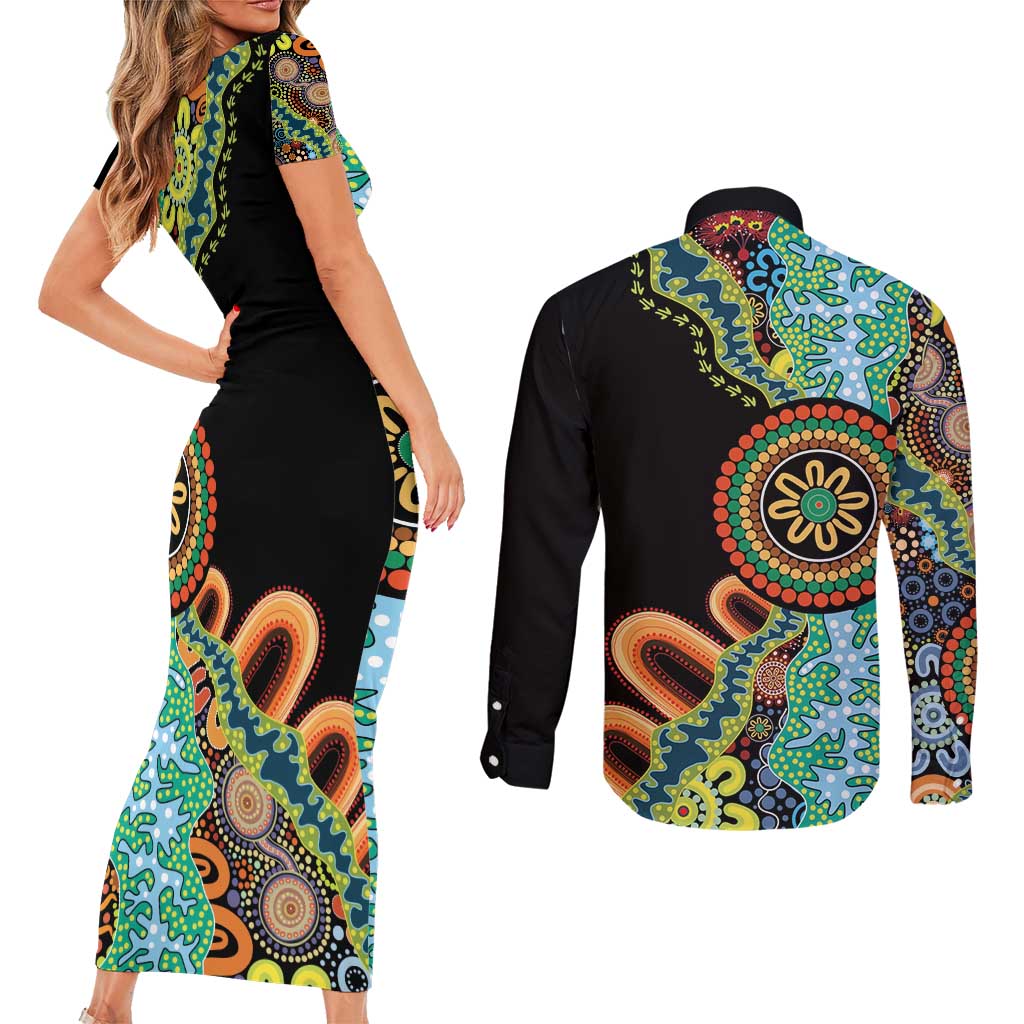 50 Years Of NAIDOC Couples Matching Short Sleeve Bodycon Dress and Long Sleeve Button Shirt Strong and Proud Aboriginal Dot Painting No3