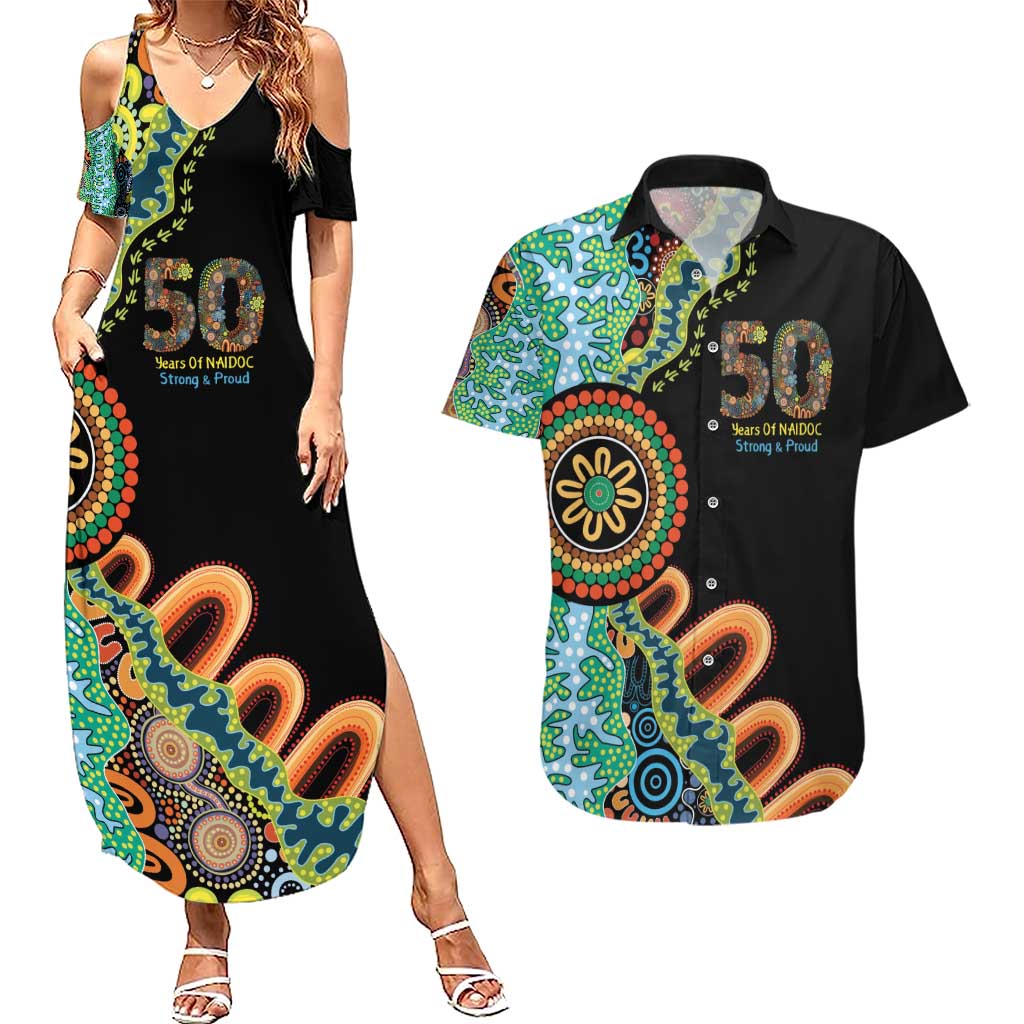 50 Years Of NAIDOC Couples Matching Summer Maxi Dress and Hawaiian Shirt Strong and Proud Aboriginal Dot Painting No3