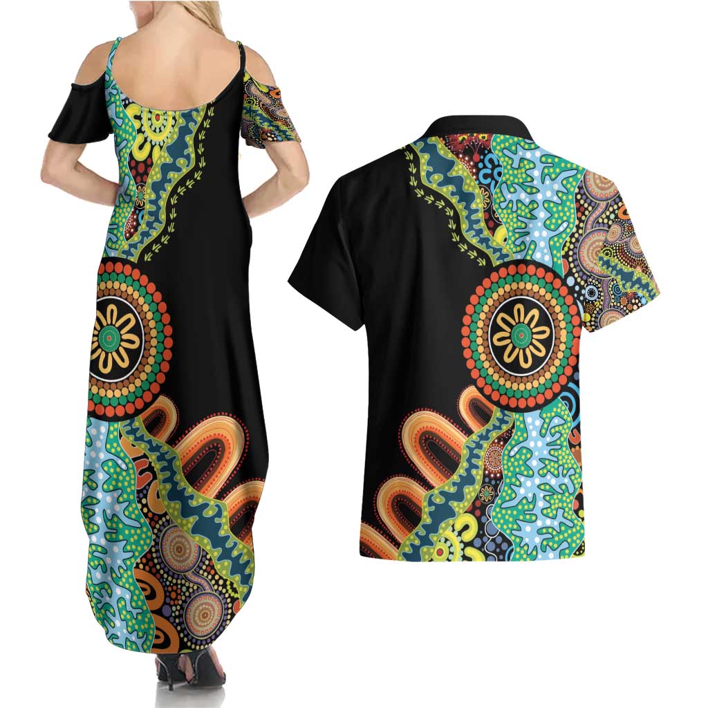 50 Years Of NAIDOC Couples Matching Summer Maxi Dress and Hawaiian Shirt Strong and Proud Aboriginal Dot Painting No3