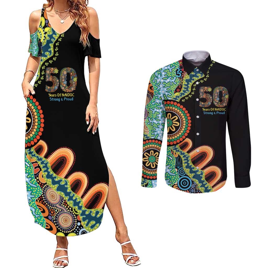 50 Years Of NAIDOC Couples Matching Summer Maxi Dress and Long Sleeve Button Shirt Strong and Proud Aboriginal Dot Painting No3