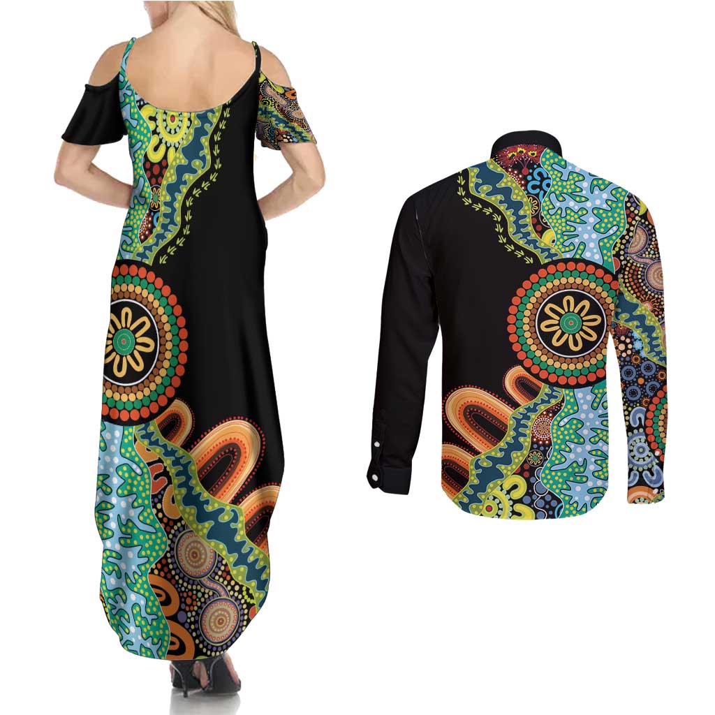 50 Years Of NAIDOC Couples Matching Summer Maxi Dress and Long Sleeve Button Shirt Strong and Proud Aboriginal Dot Painting No3
