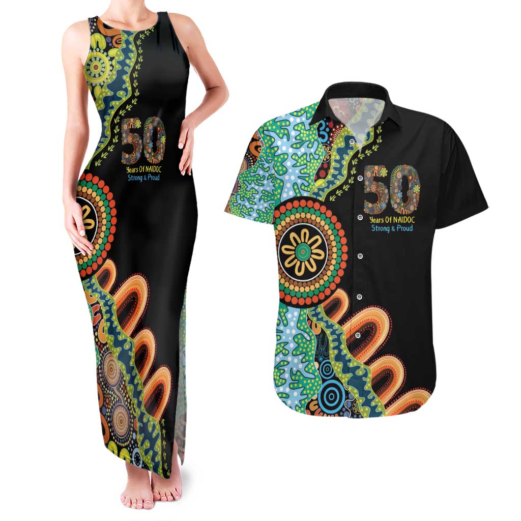 50 Years Of NAIDOC Couples Matching Tank Maxi Dress and Hawaiian Shirt Strong and Proud Aboriginal Dot Painting No3