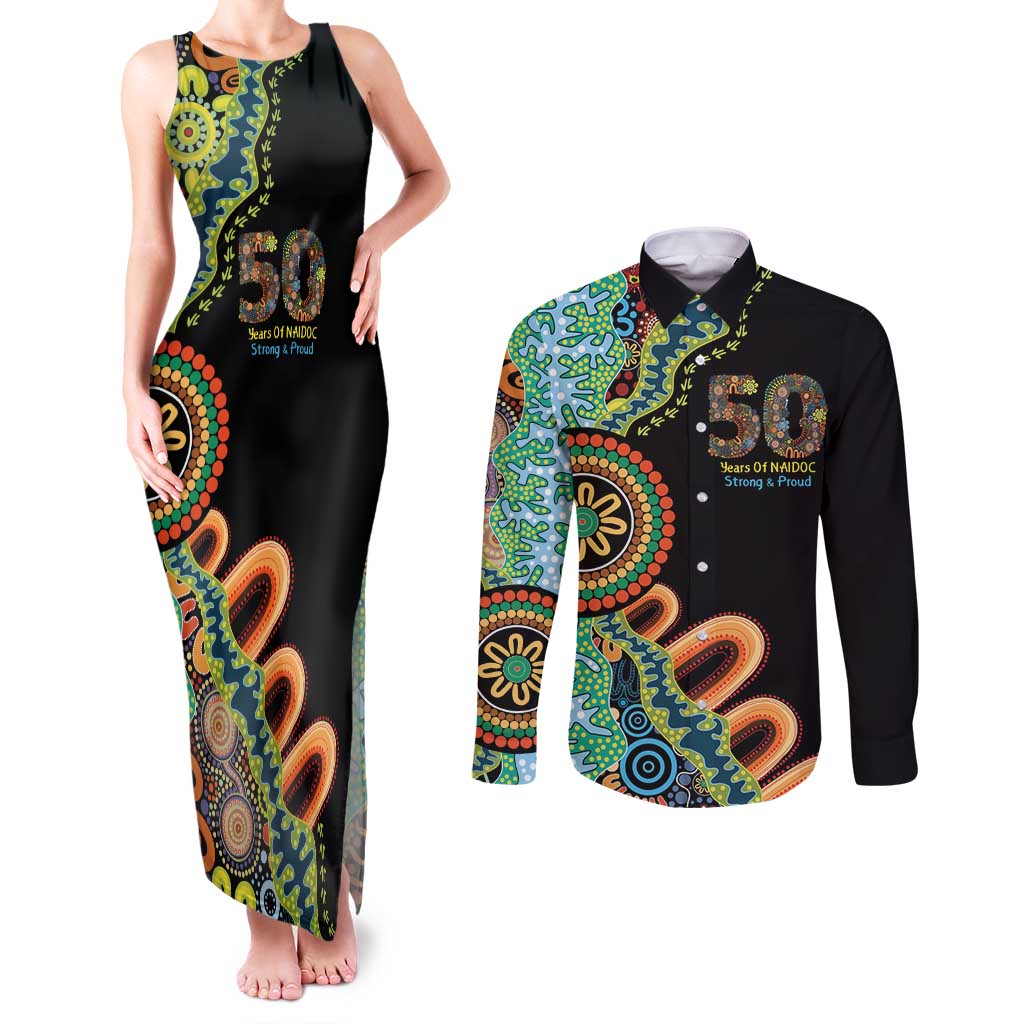 50 Years Of NAIDOC Couples Matching Tank Maxi Dress and Long Sleeve Button Shirt Strong and Proud Aboriginal Dot Painting No3