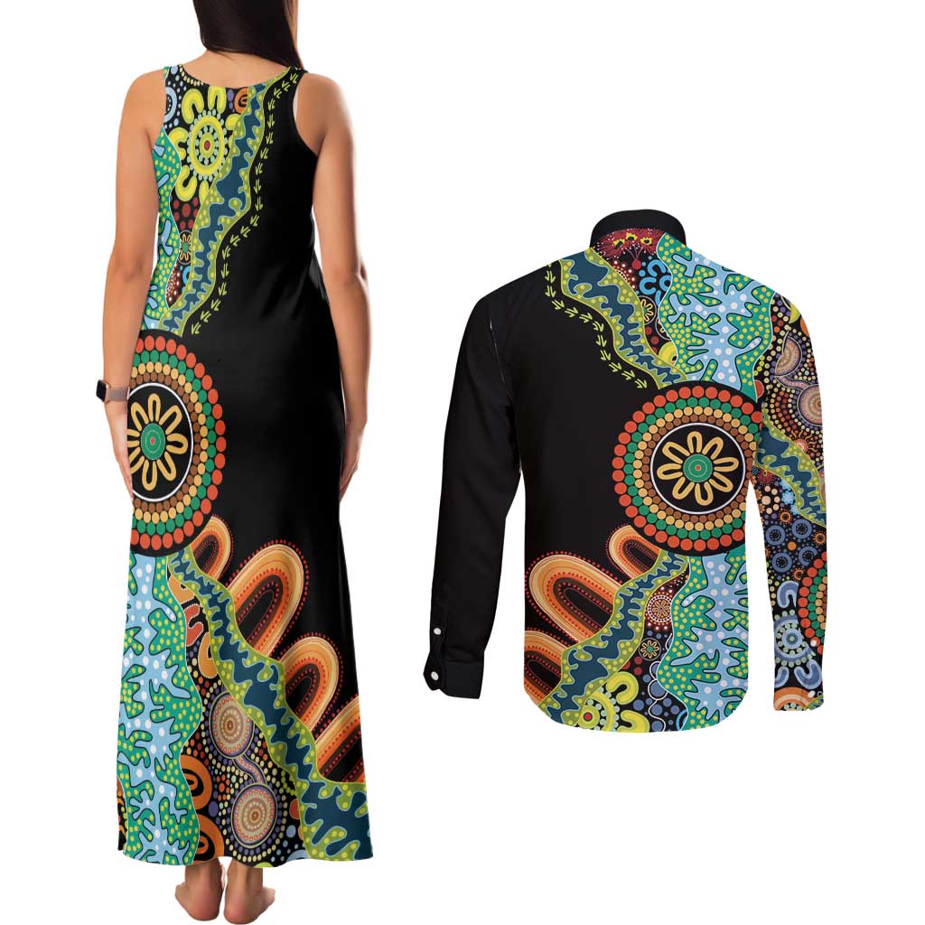 50 Years Of NAIDOC Couples Matching Tank Maxi Dress and Long Sleeve Button Shirt Strong and Proud Aboriginal Dot Painting No3
