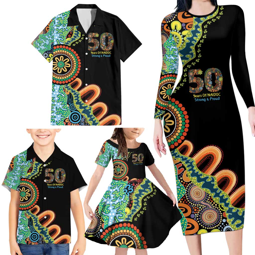 50 Years Of NAIDOC Family Matching Long Sleeve Bodycon Dress and Hawaiian Shirt Strong and Proud Aboriginal Dot Painting No3