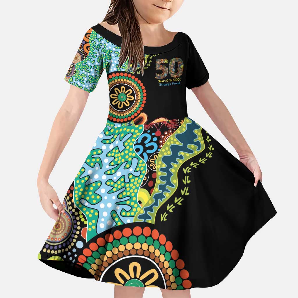 50 Years Of NAIDOC Family Matching Long Sleeve Bodycon Dress and Hawaiian Shirt Strong and Proud Aboriginal Dot Painting No3