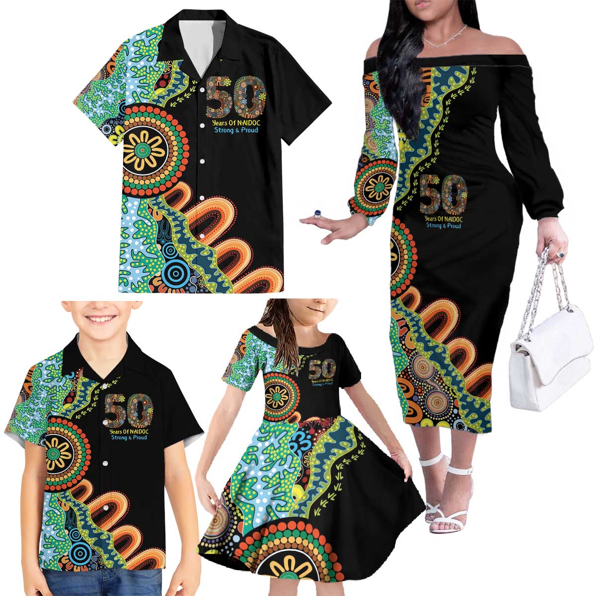 50 Years Of NAIDOC Family Matching Off The Shoulder Long Sleeve Dress and Hawaiian Shirt Strong and Proud Aboriginal Dot Painting No3