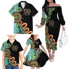 50 Years Of NAIDOC Family Matching Off The Shoulder Long Sleeve Dress and Hawaiian Shirt Strong and Proud Aboriginal Dot Painting No3