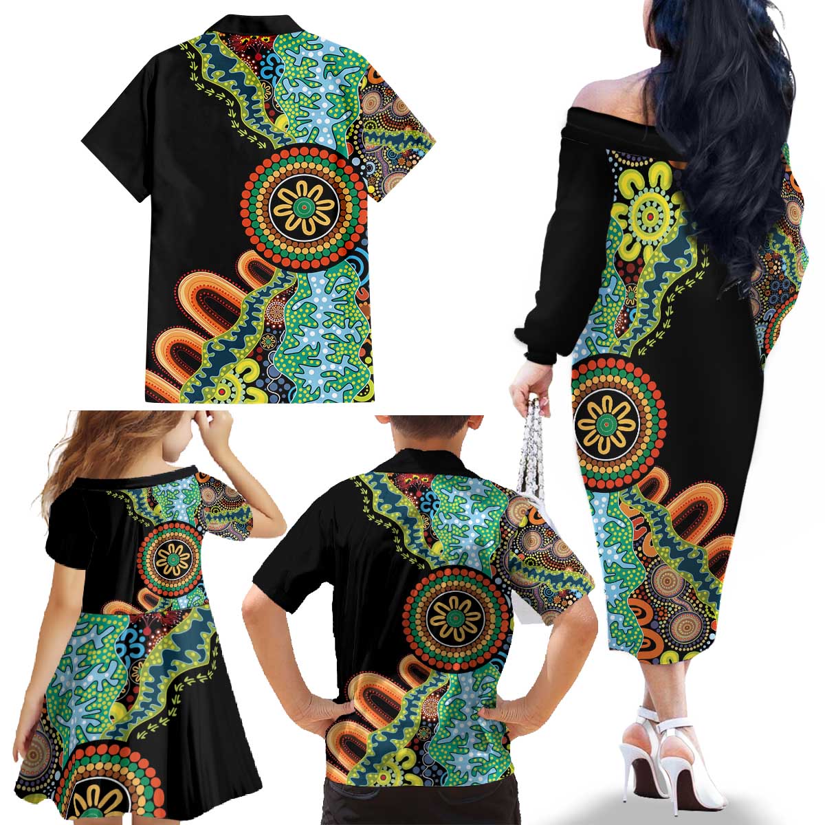 50 Years Of NAIDOC Family Matching Off The Shoulder Long Sleeve Dress and Hawaiian Shirt Strong and Proud Aboriginal Dot Painting No3