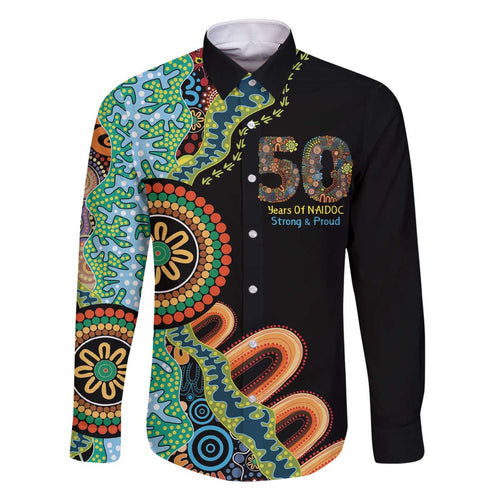 50 Years Of NAIDOC Family Matching Off The Shoulder Long Sleeve Dress and Hawaiian Shirt Strong and Proud Aboriginal Dot Painting No3