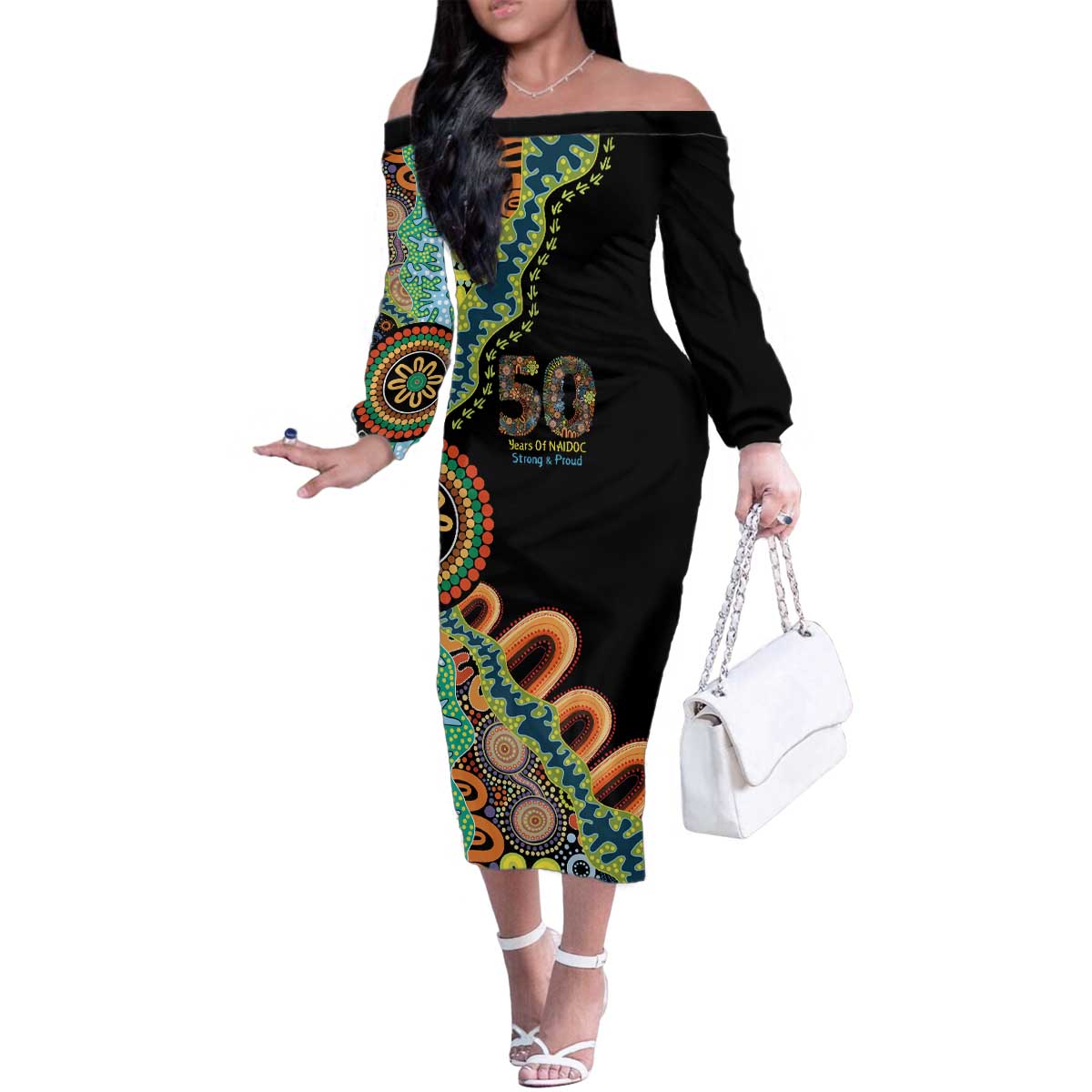 50 Years Of NAIDOC Family Matching Off The Shoulder Long Sleeve Dress and Hawaiian Shirt Strong and Proud Aboriginal Dot Painting No3