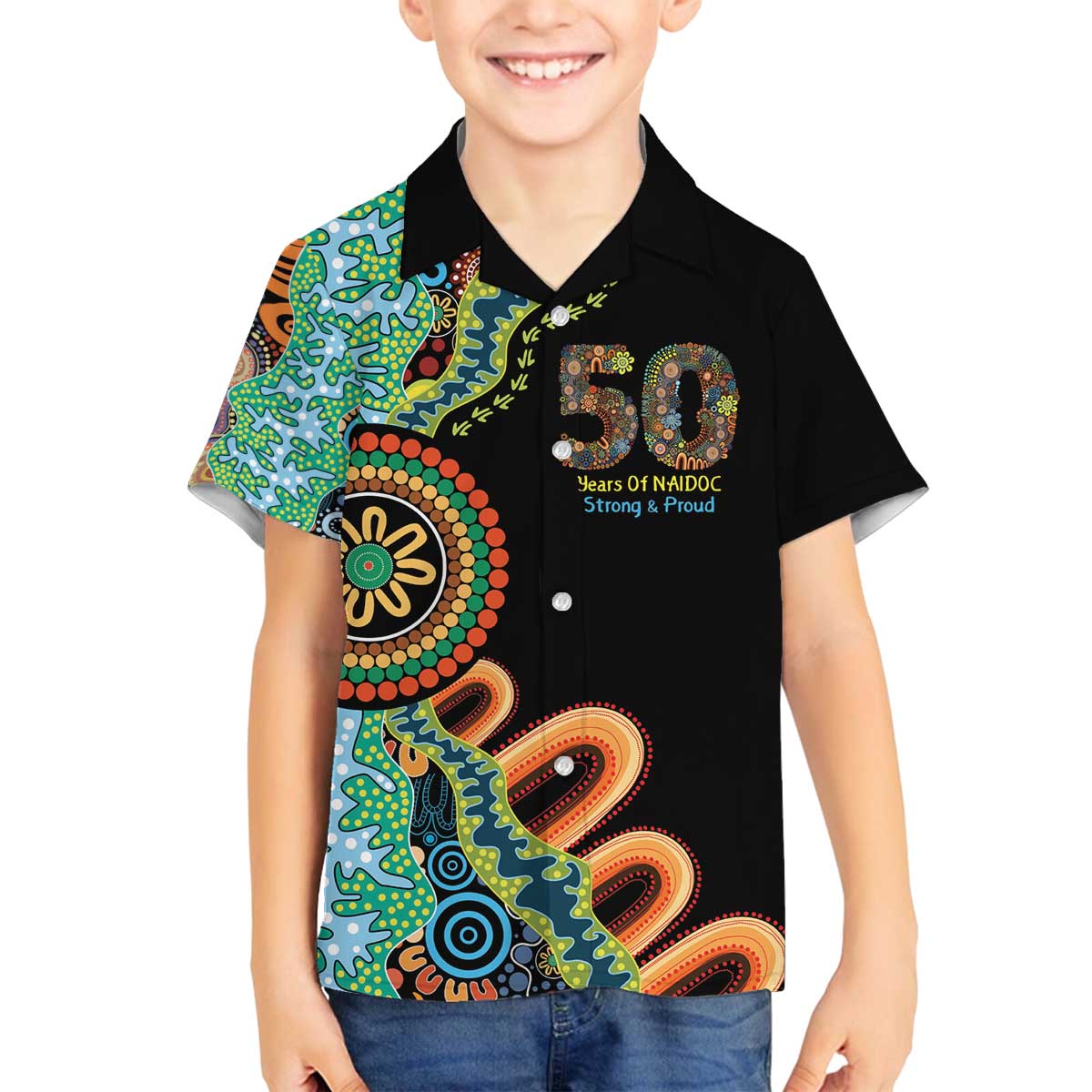 50 Years Of NAIDOC Family Matching Off The Shoulder Long Sleeve Dress and Hawaiian Shirt Strong and Proud Aboriginal Dot Painting No3