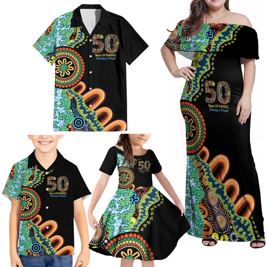 50 Years Of NAIDOC Family Matching Off Shoulder Maxi Dress and Hawaiian Shirt Strong and Proud Aboriginal Dot Painting No3