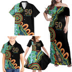 50 Years Of NAIDOC Family Matching Off Shoulder Maxi Dress and Hawaiian Shirt Strong and Proud Aboriginal Dot Painting No3