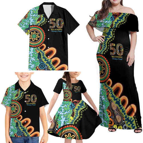 50 Years Of NAIDOC Family Matching Off Shoulder Maxi Dress and Hawaiian Shirt Strong and Proud Aboriginal Dot Painting No3