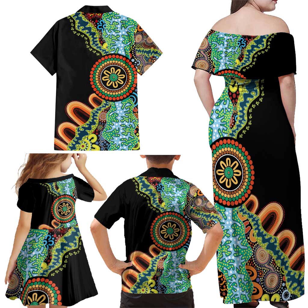 50 Years Of NAIDOC Family Matching Off Shoulder Maxi Dress and Hawaiian Shirt Strong and Proud Aboriginal Dot Painting No3