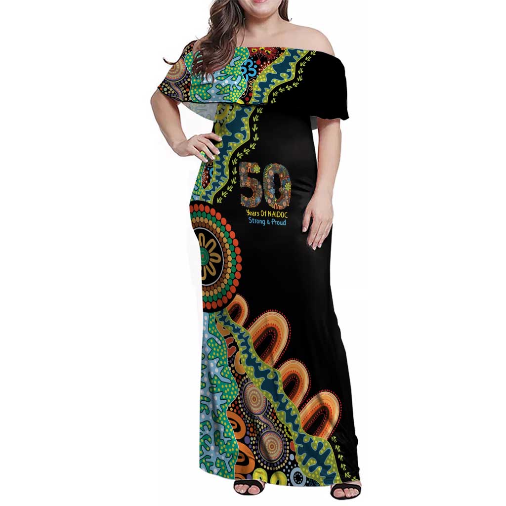 50 Years Of NAIDOC Family Matching Off Shoulder Maxi Dress and Hawaiian Shirt Strong and Proud Aboriginal Dot Painting No3