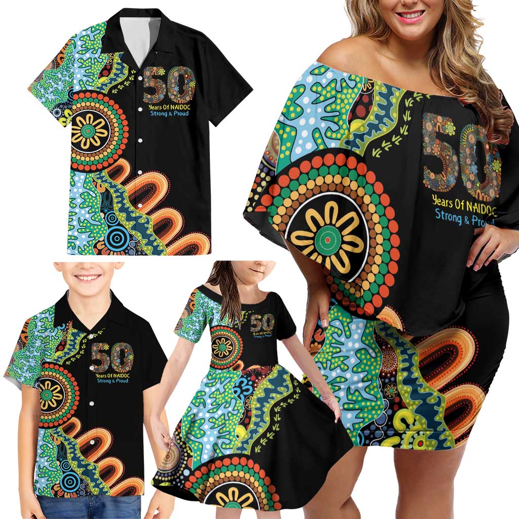 50 Years Of NAIDOC Family Matching Off Shoulder Short Dress and Hawaiian Shirt Strong and Proud Aboriginal Dot Painting No3