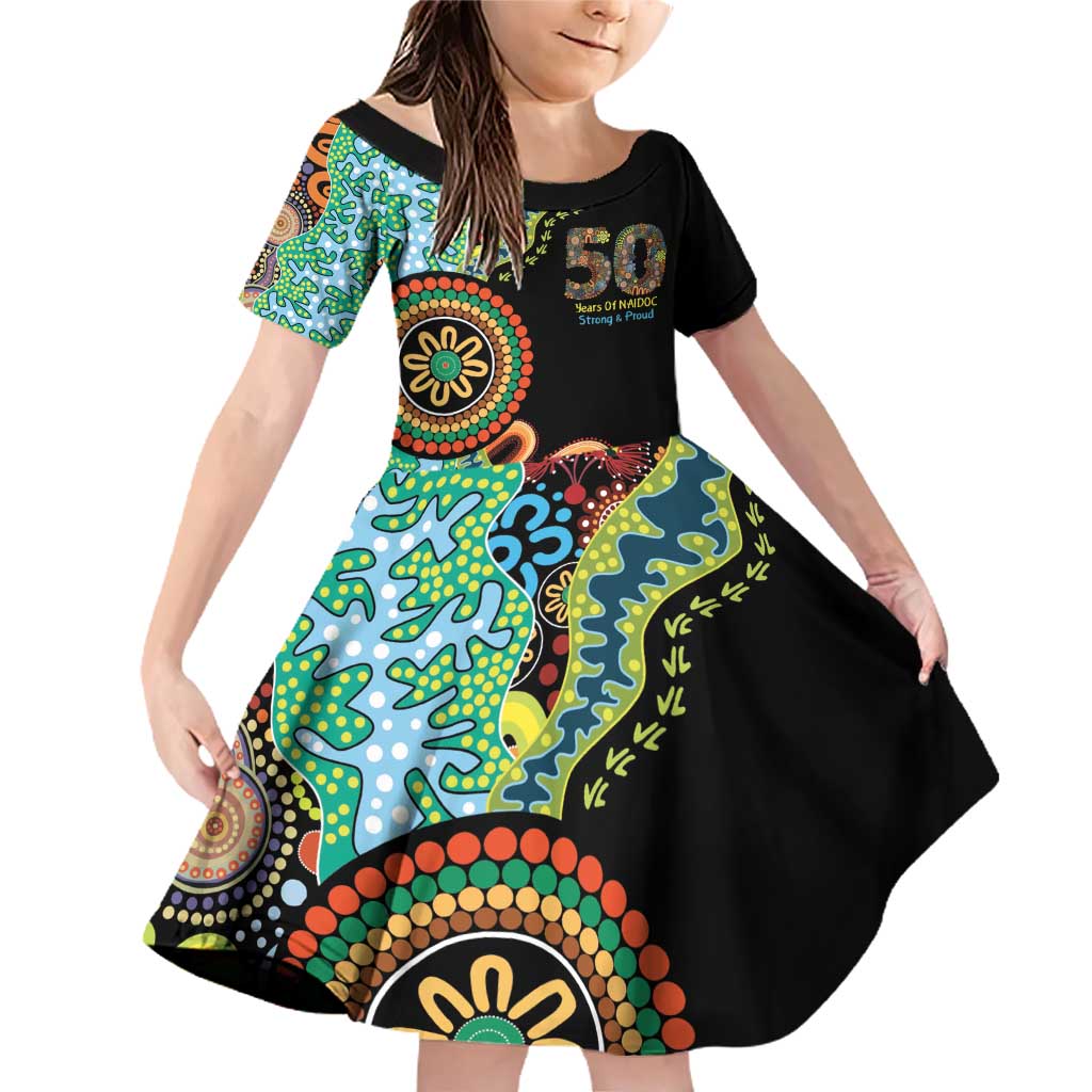 50 Years Of NAIDOC Family Matching Off Shoulder Short Dress and Hawaiian Shirt Strong and Proud Aboriginal Dot Painting No3