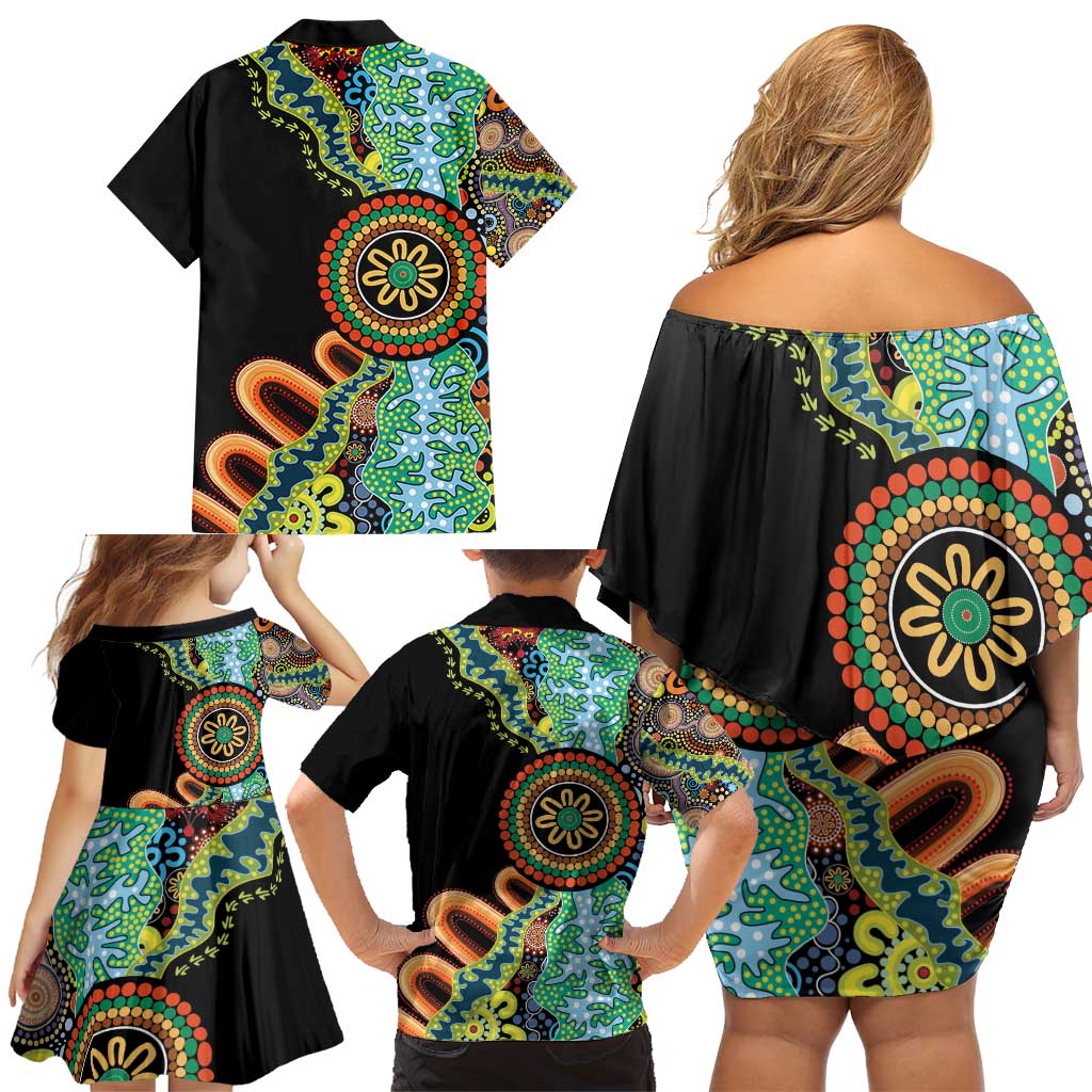 50 Years Of NAIDOC Family Matching Off Shoulder Short Dress and Hawaiian Shirt Strong and Proud Aboriginal Dot Painting No3