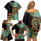 50 Years Of NAIDOC Family Matching Off Shoulder Short Dress and Hawaiian Shirt Strong and Proud Aboriginal Dot Painting No3