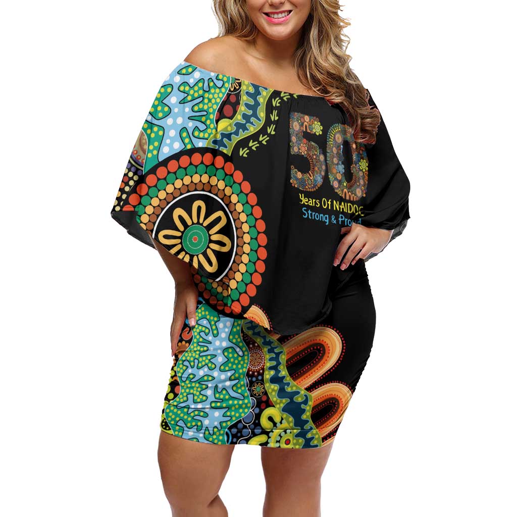 50 Years Of NAIDOC Family Matching Off Shoulder Short Dress and Hawaiian Shirt Strong and Proud Aboriginal Dot Painting No3